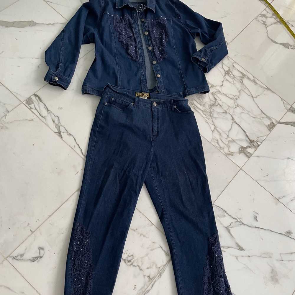 TIMELESS Bestow Jeans and Jean Jacket with Embellished Lace and Rhinestones